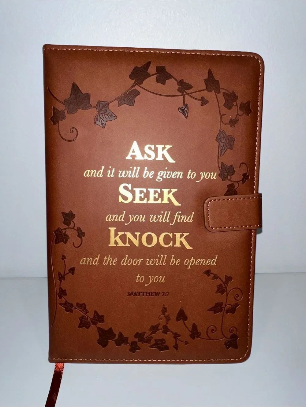 Chestnut Brown Gold Tone Bible Verse Faux Leather Bound Padded Cover Journal